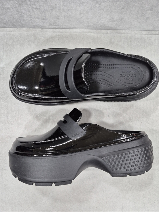 CROCS Shoes - Crocs Stomp platform penny loafer mules women's 9 black super shiny chunky Y2K